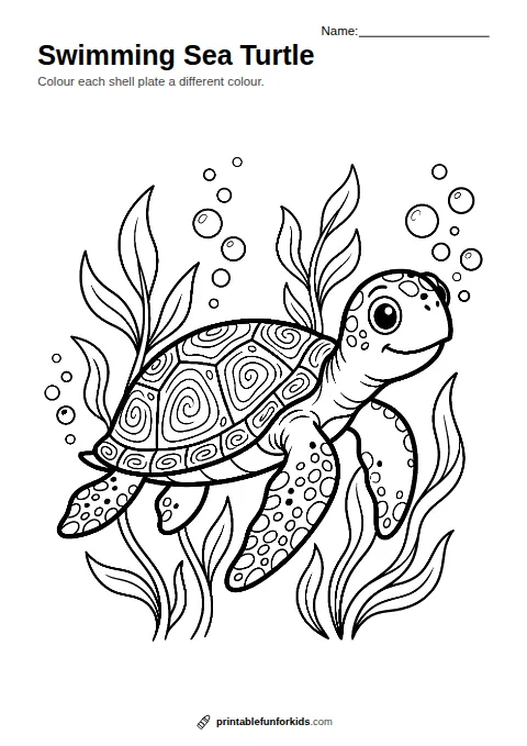 Line drawing of a happy sea turtle swimming past seaweed, ready to colour in
