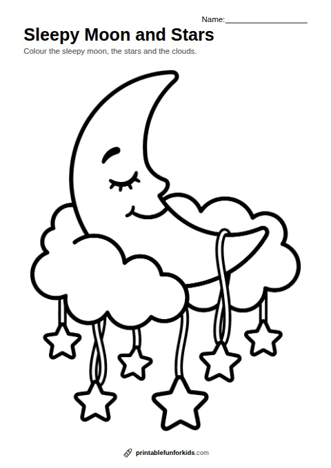 Line drawing of a sleepy crescent moon with hanging stars and clouds, ready to colour in