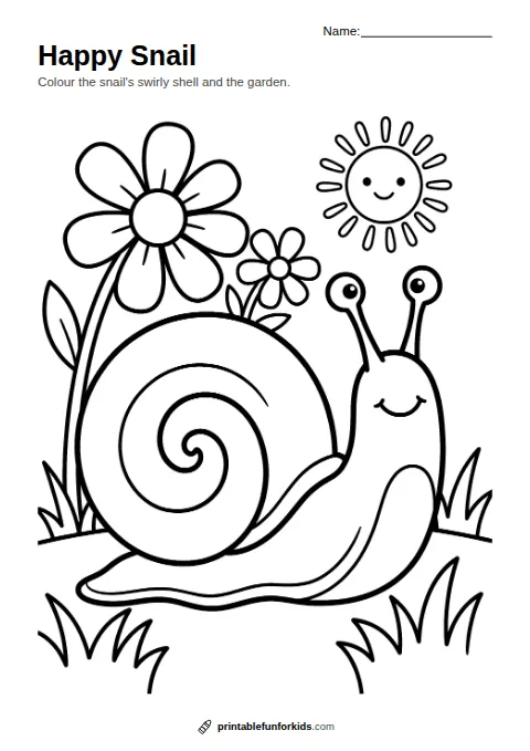 Line drawing of a smiling snail with a big spiral shell in a garden, ready to colour in