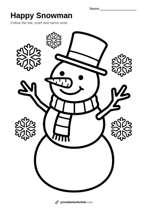 Line drawing of a snowman with a top hat, scarf and carrot nose among snowflakes, ready to colour in