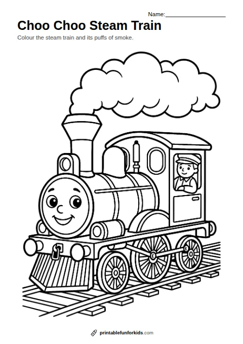 Line drawing of a steam train on a railway track with puffs of smoke, ready to colour in