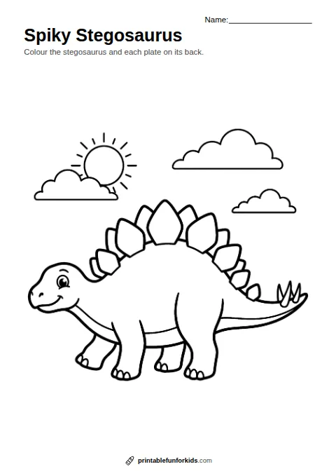 Line drawing of a smiling stegosaurus with plates along its back, ready to colour in