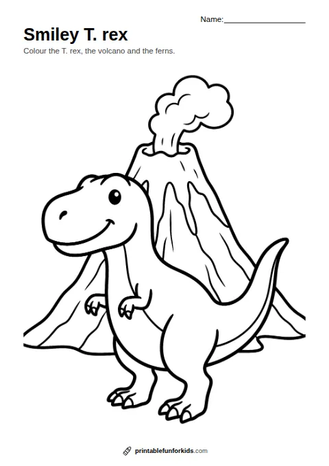 Line drawing of a friendly T. rex with tiny arms in front of a volcano, ready to colour in
