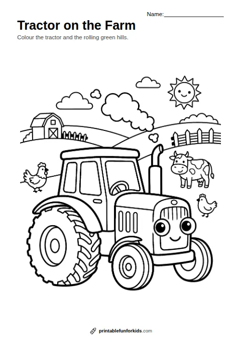 Line drawing of a farm tractor in front of hills, ready to colour in
