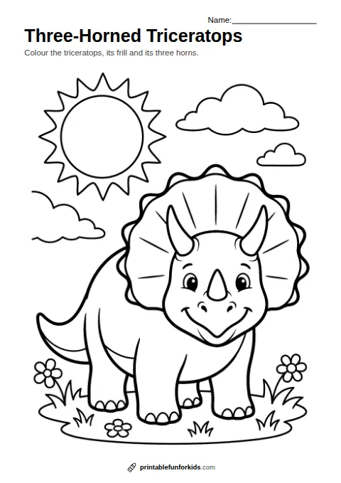 Line drawing of a friendly triceratops with a big frill and three horns, ready to colour in
