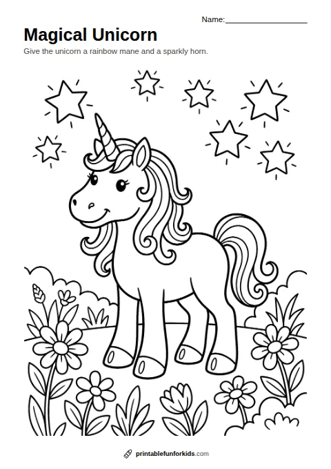 Line drawing of a unicorn with a curly mane, a swirly horn and stars, ready to colour in