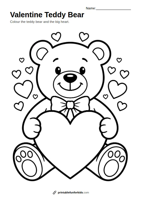 Line drawing of a teddy bear with a bow tie holding a big heart, ready to colour in