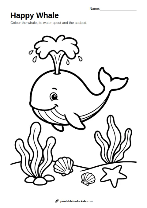 Line drawing of a smiling whale blowing a water spout above the seabed, ready to colour in