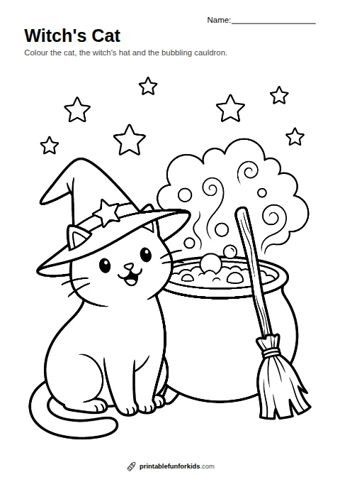 Line drawing of a cat in a pointy witch's hat next to a bubbling cauldron and a broomstick, ready to colour in